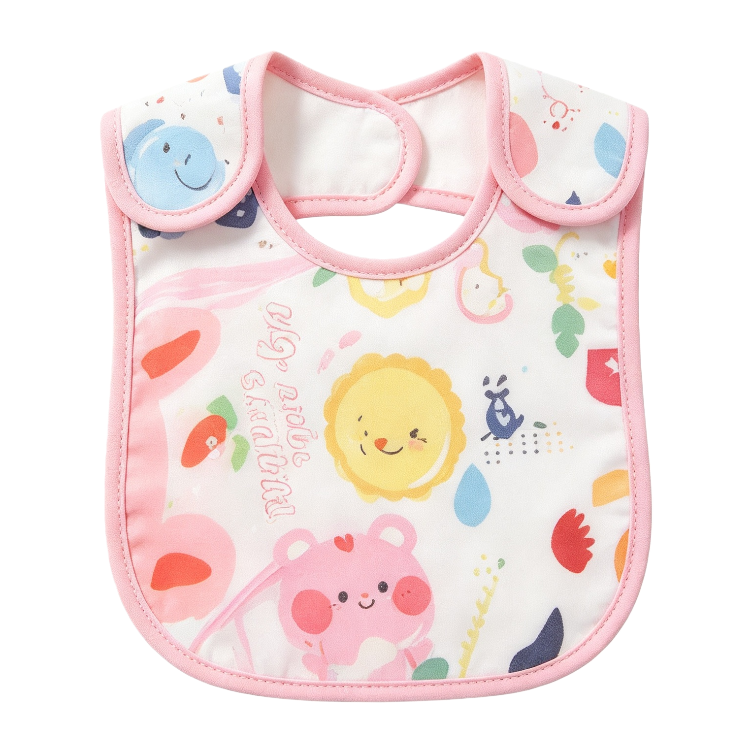 The pink-framed cartoon pattern baby bib is stain-resistant, waterproof and has adjustable straps Item Picture
