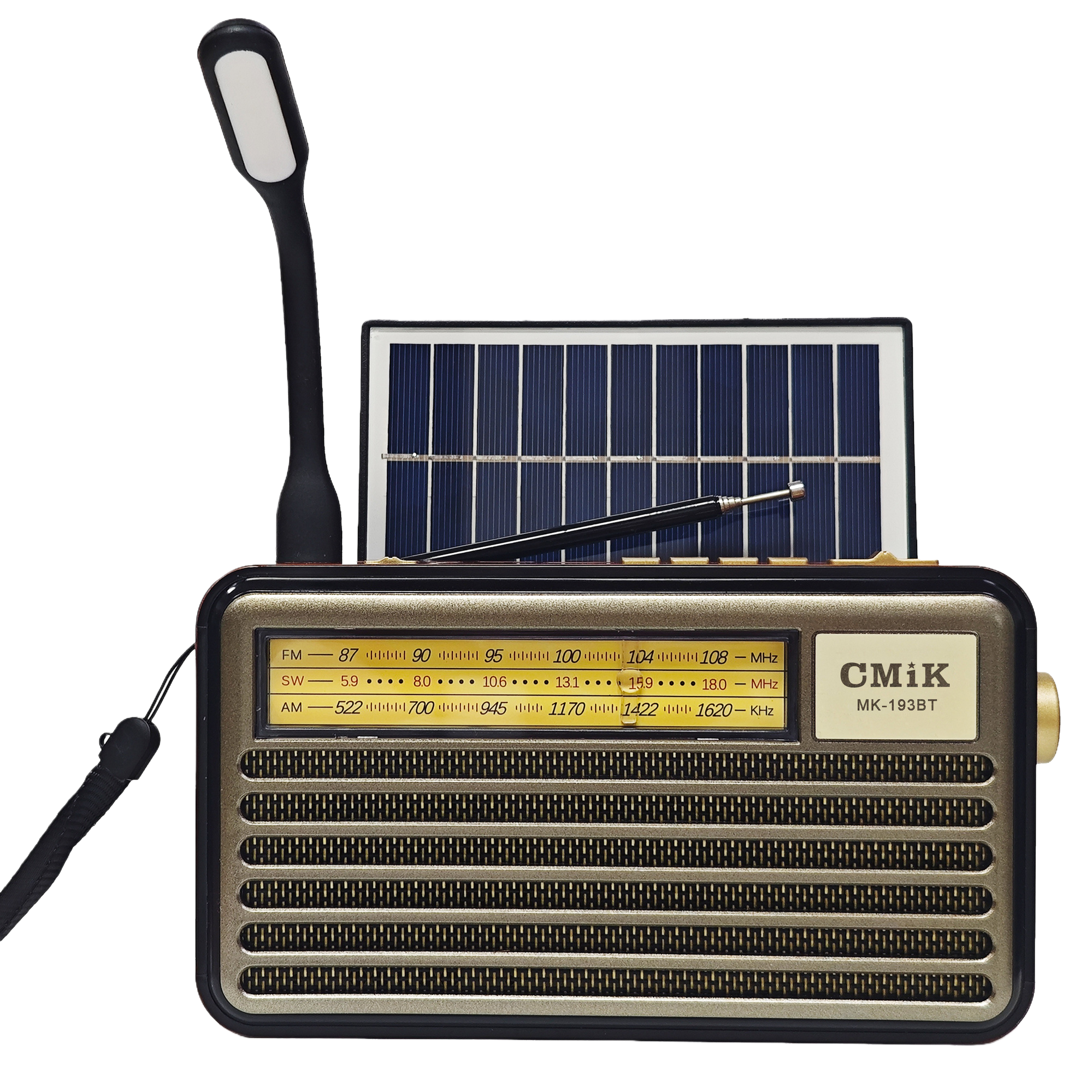 A golden vintage radio with solar panels and LED lights, integrating radio reception, playback and lighting Item Picture