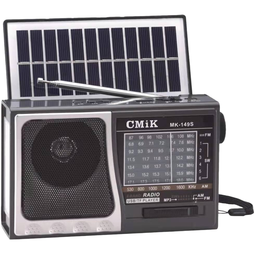 The black portable radio with a solar panel telescopic antenna has clear sound reception and long battery life Item Picture