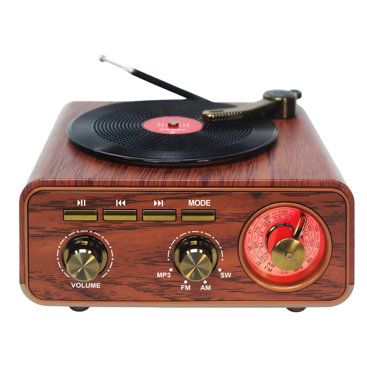 Retro wood-grain radio with vinyl record plate, golden knobs and red FM knobs Item Picture