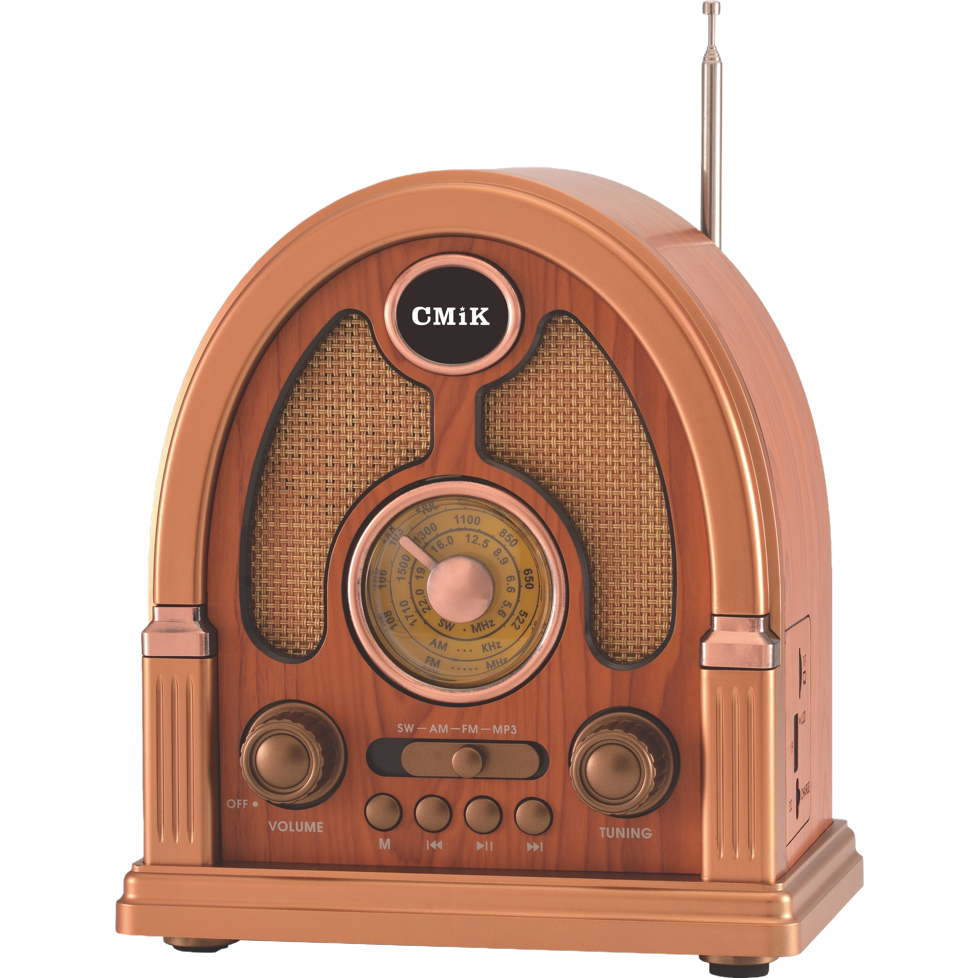 Copper-colored retro radio, nostalgic Bluetooth speaker with a wooden casing and adjustable frequency Item Picture