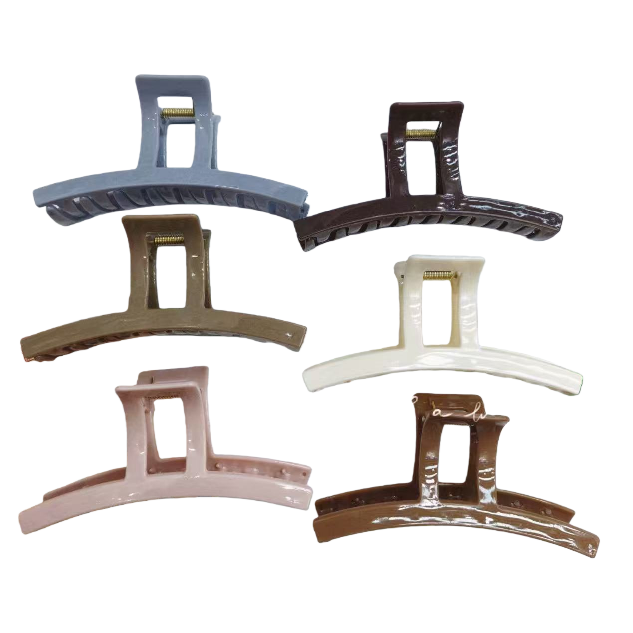 A set of six colorful hairpins with white striped trays for display Item Picture