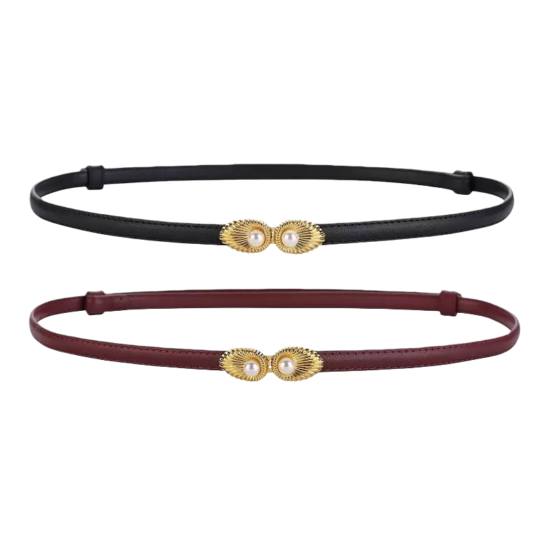 A light luxury commuter style with a wine red and black two-tone leather belt and golden shell pearl buckle Item Picture