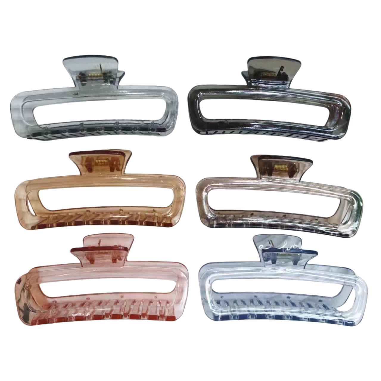 A six-color transparent plastic gripper set is displayed on a white striped tray Item Picture
