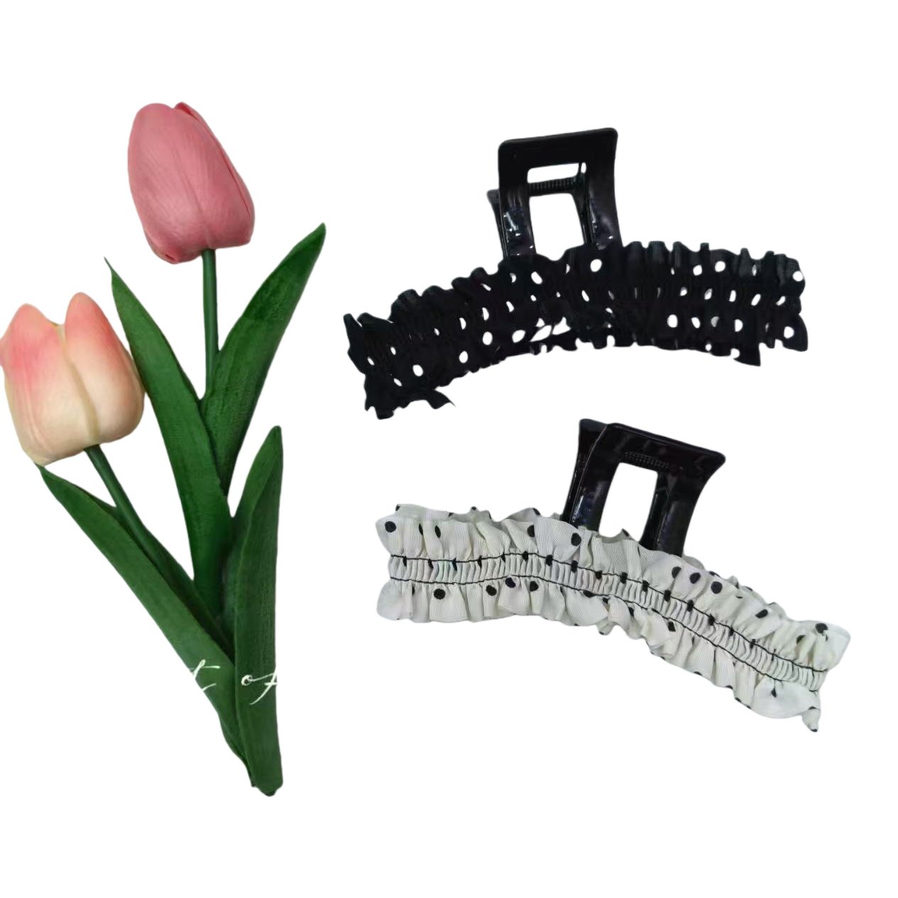 Black polka dot lace hairpins, white polka dot lace hairpins, pink tulip bouquets Item Picture