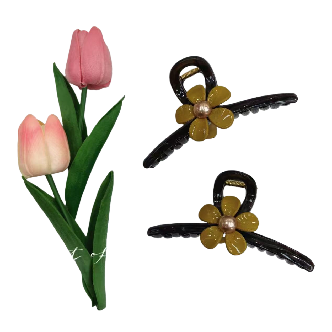 The black flower hair clip with a white striped tray is a fashionable hair accessory that can be used for both storage and fashion Item Picture