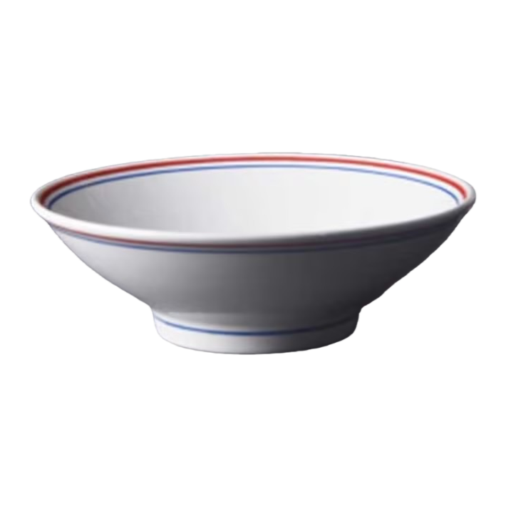 A simple white porcelain bowl with red and blue double-line decoration for household tableware Item Picture