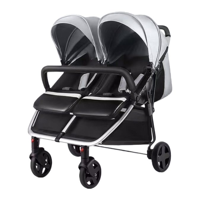 The silver and black twin baby stroller can be used for sitting or lying down, and can be pushed in both directions with light folding Item Picture