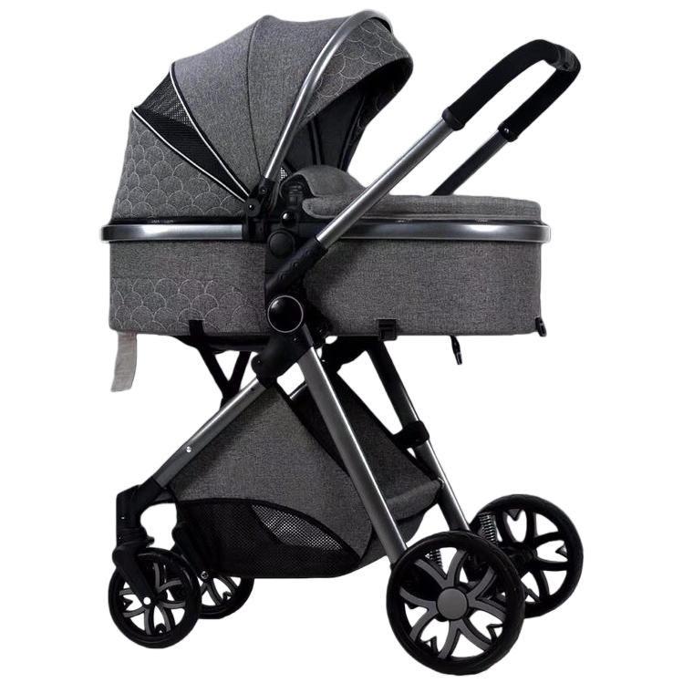 The grey baby stroller with an aluminum alloy frame features a one-button retraction for convenient travel and is suitable for children aged 0-3 Item Picture