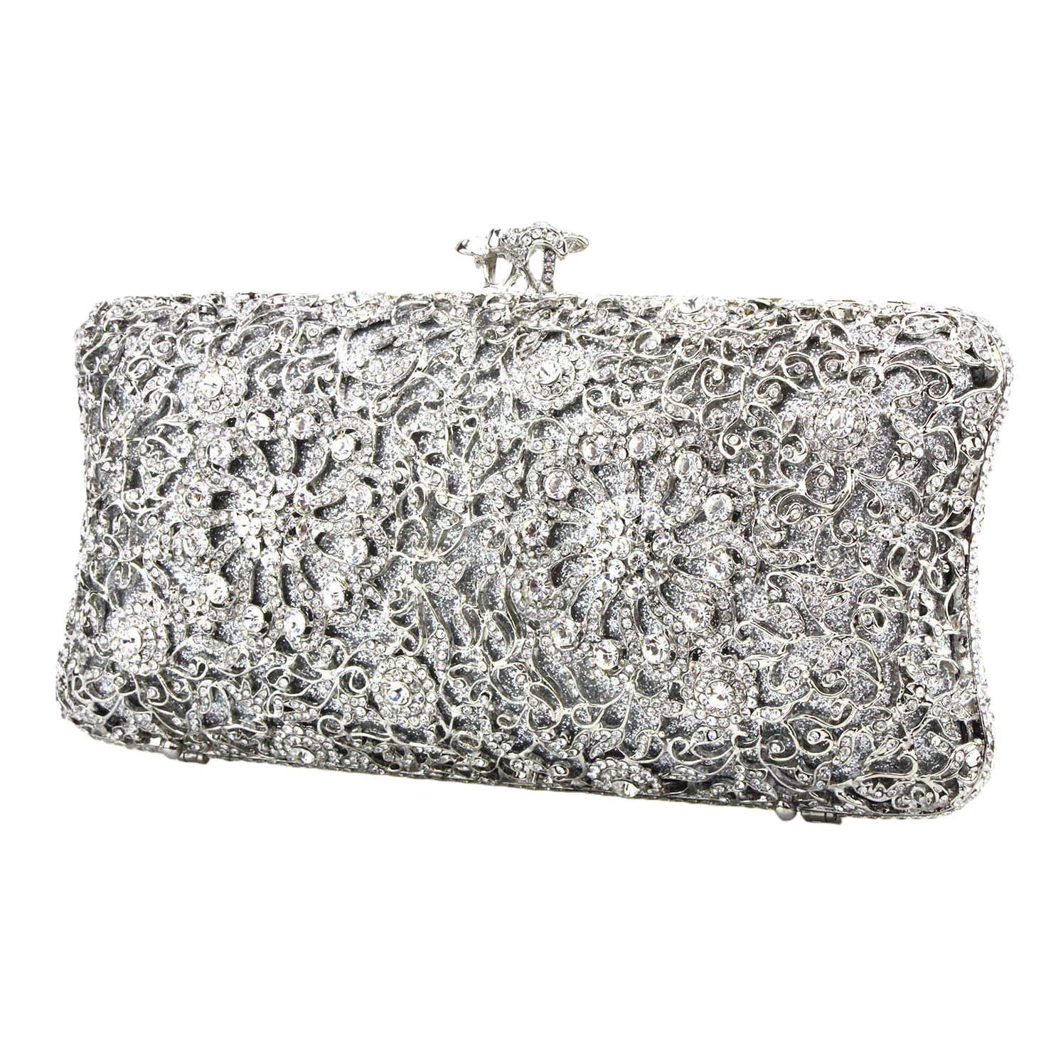 The silver diamond-encrusted and carved clutch is small and portable for ladies' dinner parties Item Picture