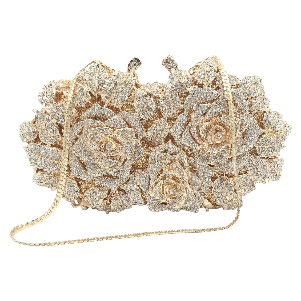 A golden diamond-encrusted rose-shaped handbag for ladies and a small chanel-style chain bag for dinner Item Picture