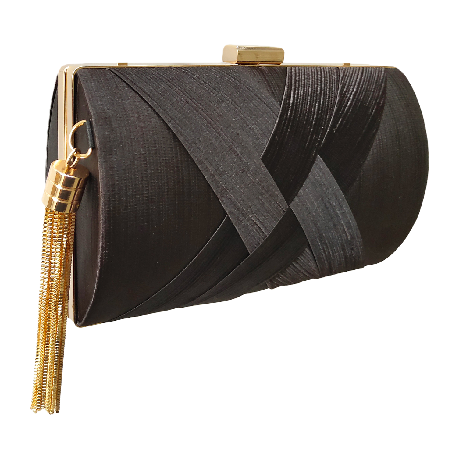 Black pleated clutch with golden metal buckles and tassels Item Picture