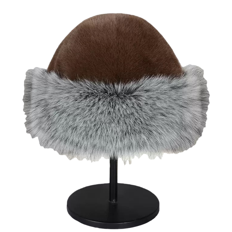 A brown plush hat with a silver-gray fur collar for women's winter warmth Item Picture