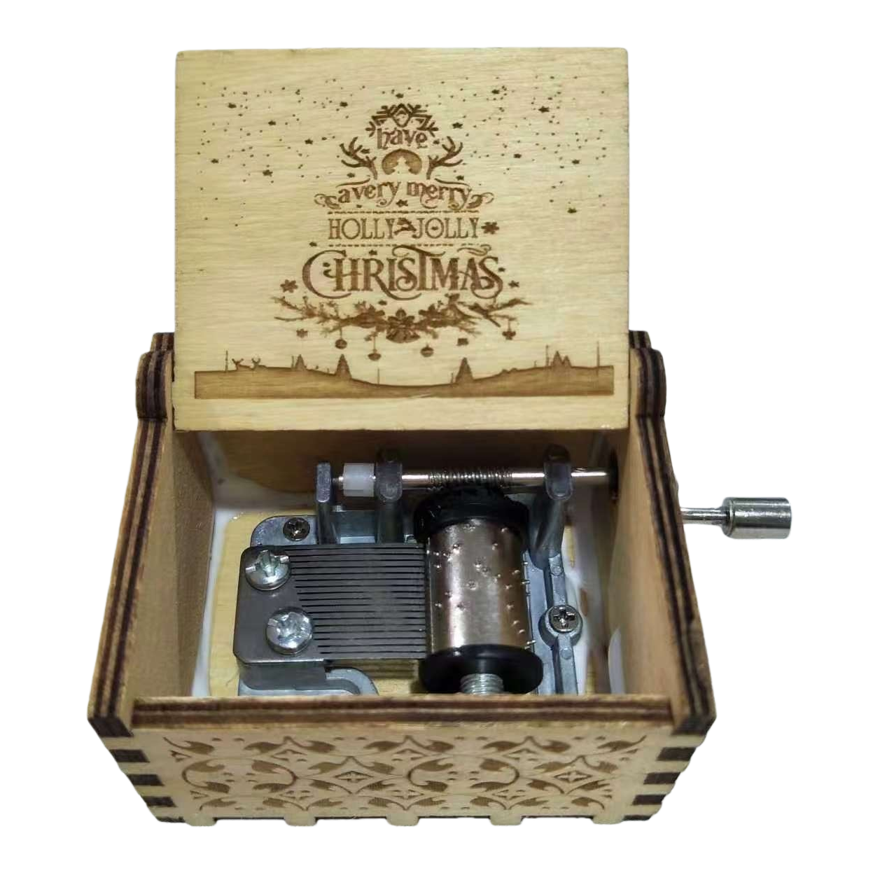 Wooden Christmas-themed music box, exquisite gift box, festive decorative item, rotating snowflake ringtone Item Picture