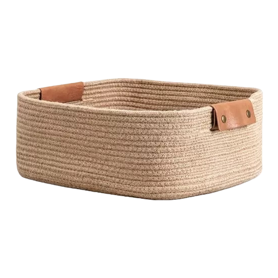 Beige rope woven storage basket for home living room and bedroom organization, rattan woven storage basket Item Picture