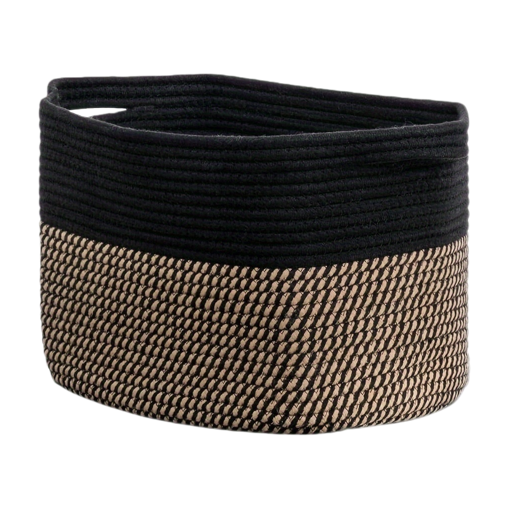 Black and beige patchwork woven storage basket, home storage basket, large-capacity organizing basket Item Picture