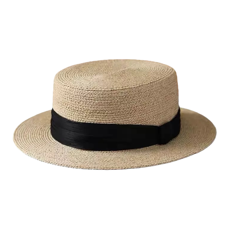 Beige straw-woven top hat with black ribbon summer sunshade fashionable women's hat, summer Korean version for women Item Picture