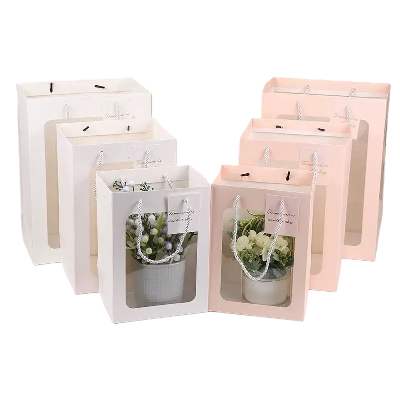 Pink transparent window gift bag, a fashionable and simple hand-held eco-friendly packaging bag Item Picture