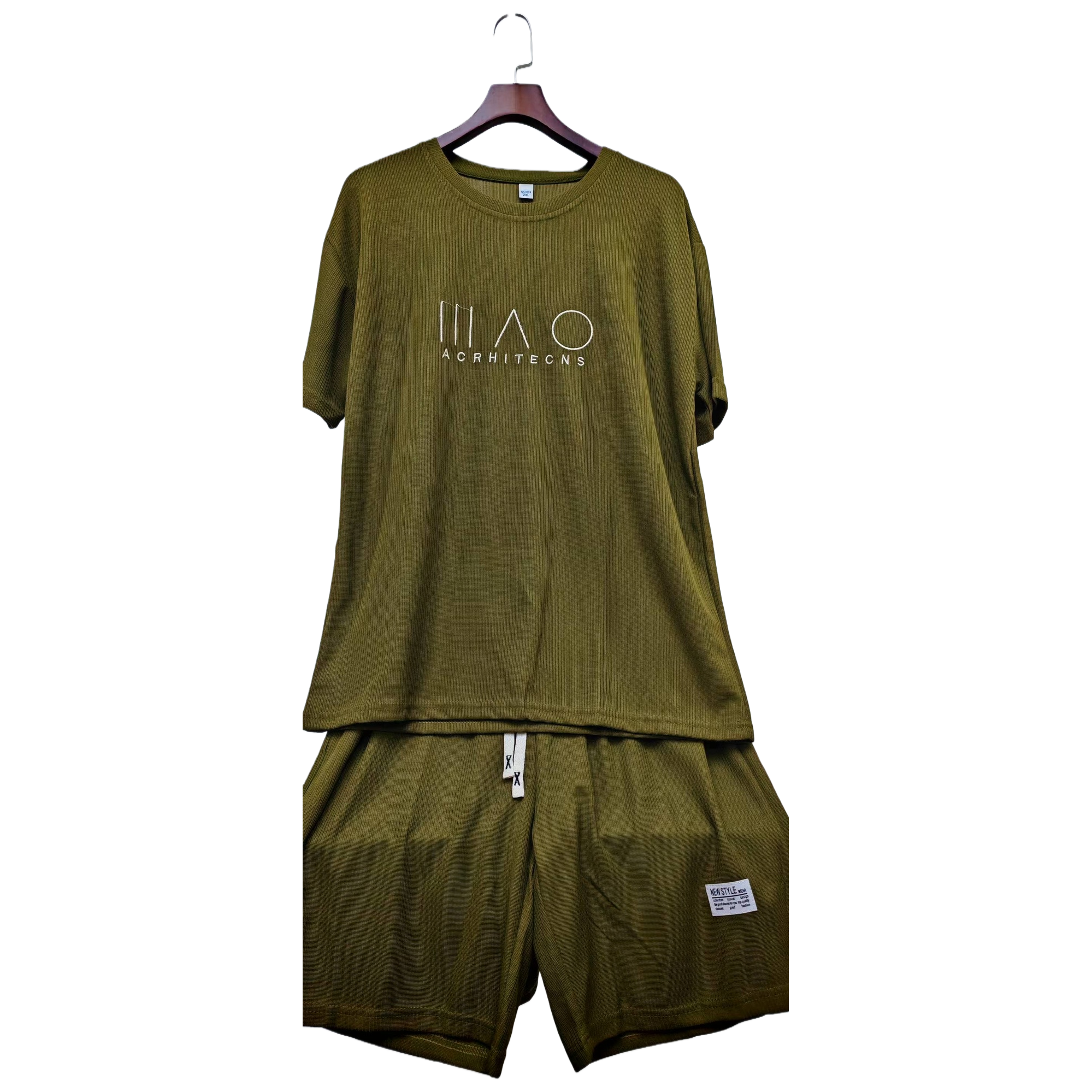 Olive green striped men's casual short-sleeved T-shirt and pants set Item Picture