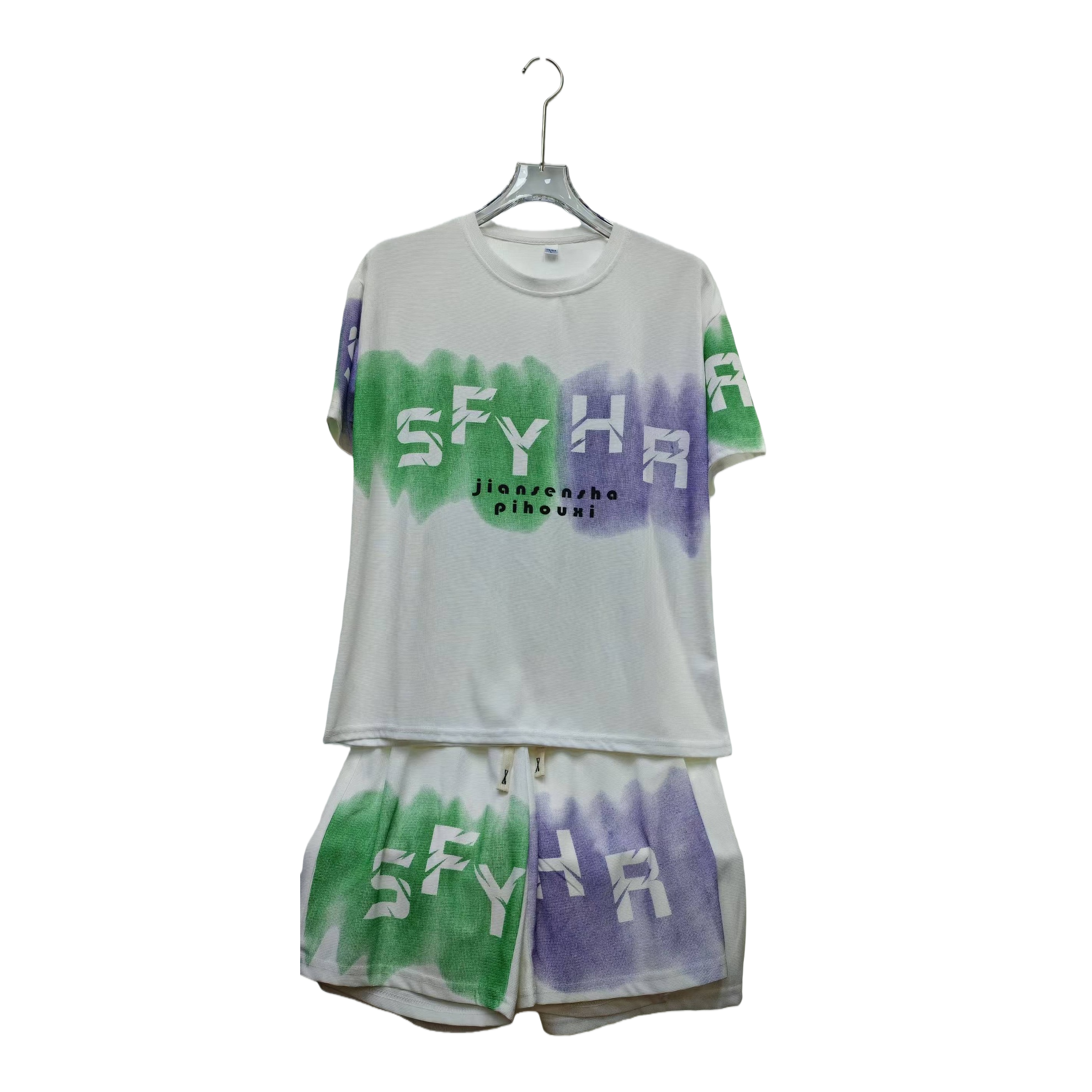 A white printed short-sleeved T-shirt and shorts set for men's casual summer wear Item Picture