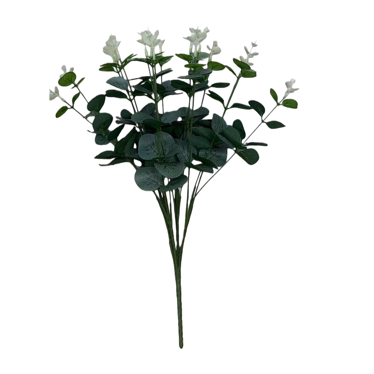 绿色叶片白色小花的仿真植物束白底实物图