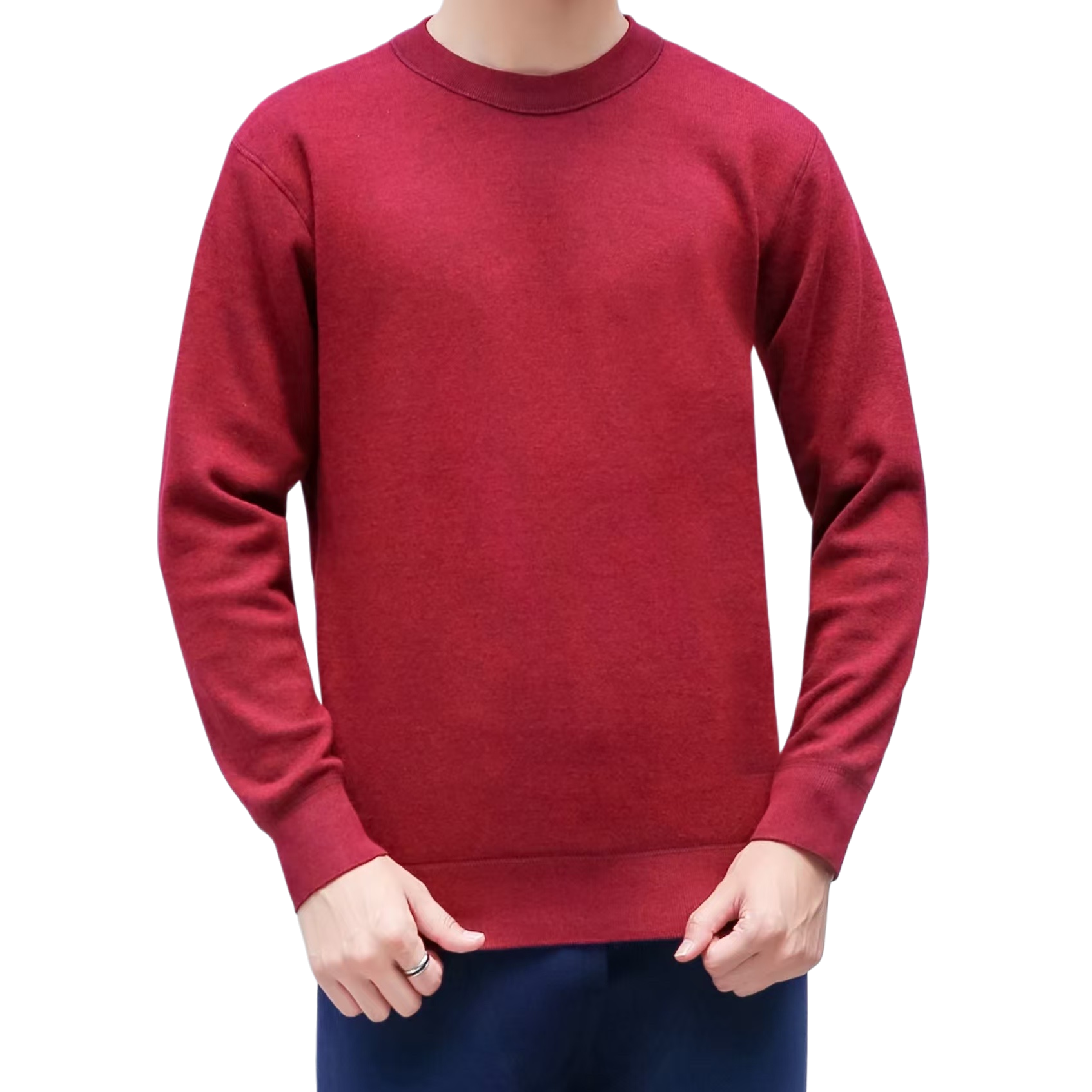 A red round-neck pure cotton sweater is a loose and warm base layer for men in autumn and winter Item Picture