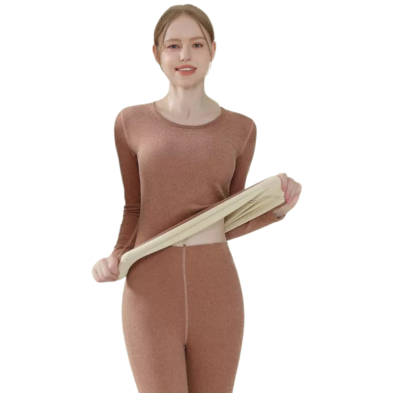 A winter brown long-sleeved top with long pants for women's warm suit Item Picture