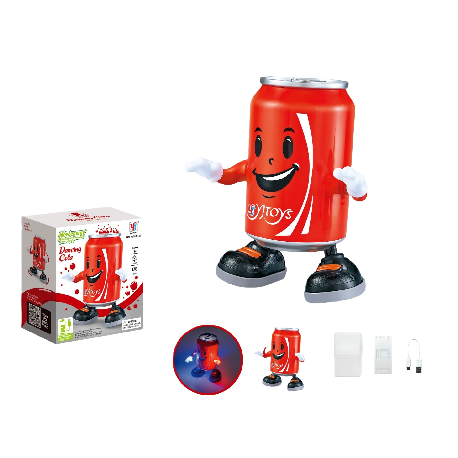 Red Cola can-shaped toy with smiling arms, black and orange shoes marked Dancing Cola YJTOYS Item Picture