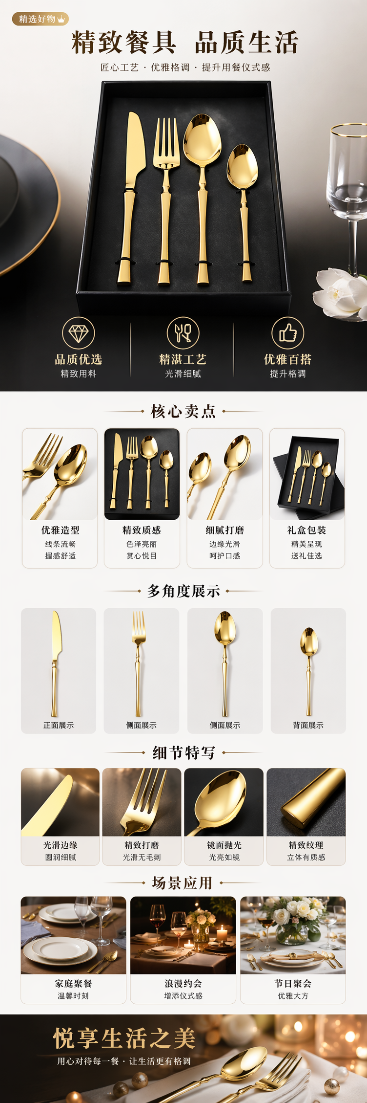 金色餐具套装 16件套 不锈钢家用西餐叉勺刀详情1