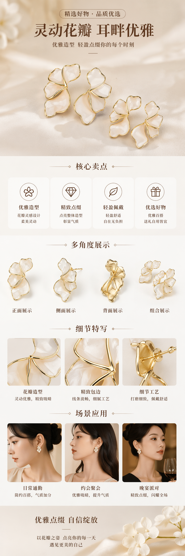 金色边框白色花瓣耳环925银饰耳钉银针详情1