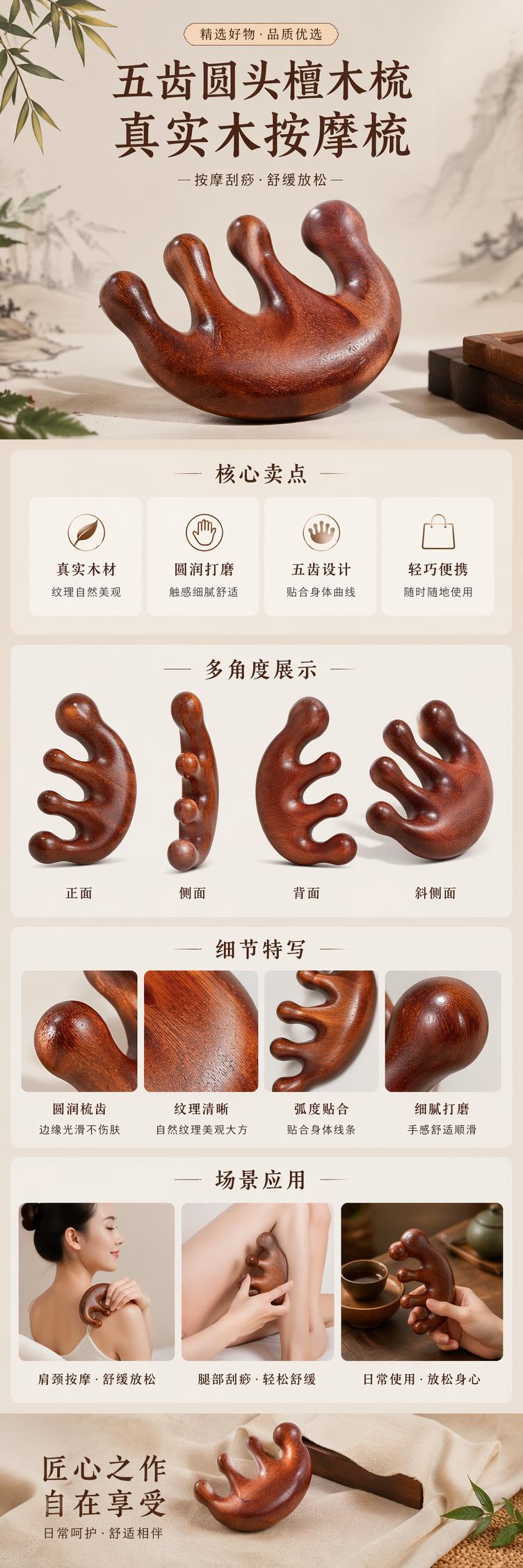 棕色木质五齿圆头按摩梳天然木纹舒适头皮护理 pic 1