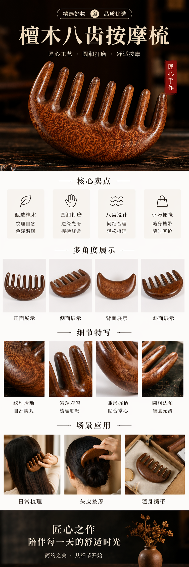 檀木八齿按摩梳 天然木质头皮舒缓按摩梳 pic 1