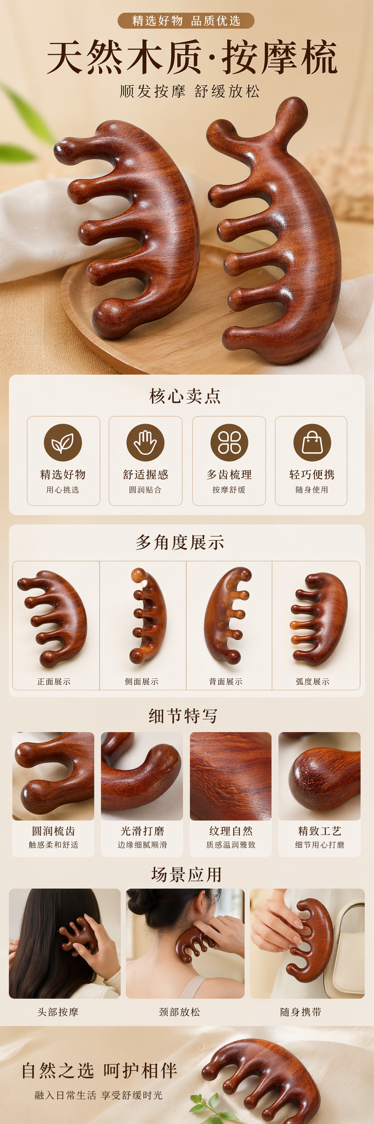 棕色木质按摩梳 天然木纹 手工打磨 按摩头皮舒缓放松 pic 1