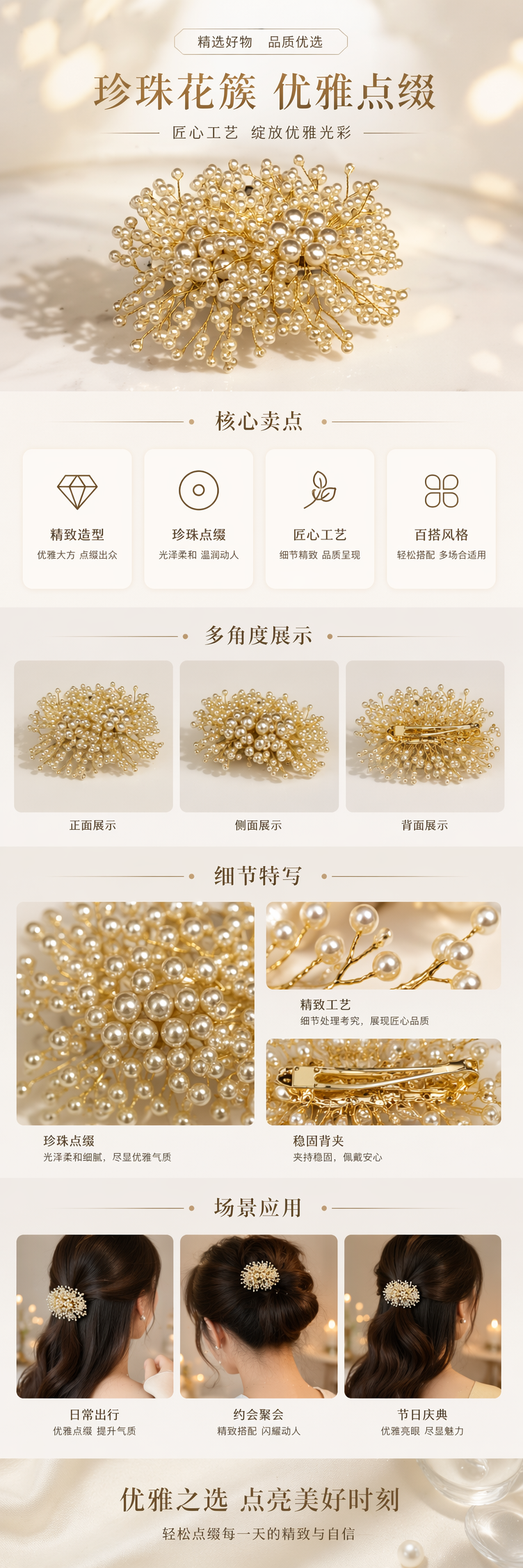 金色珍珠花饰发夹 女士优雅气质头饰 仿真珍珠装饰详情1