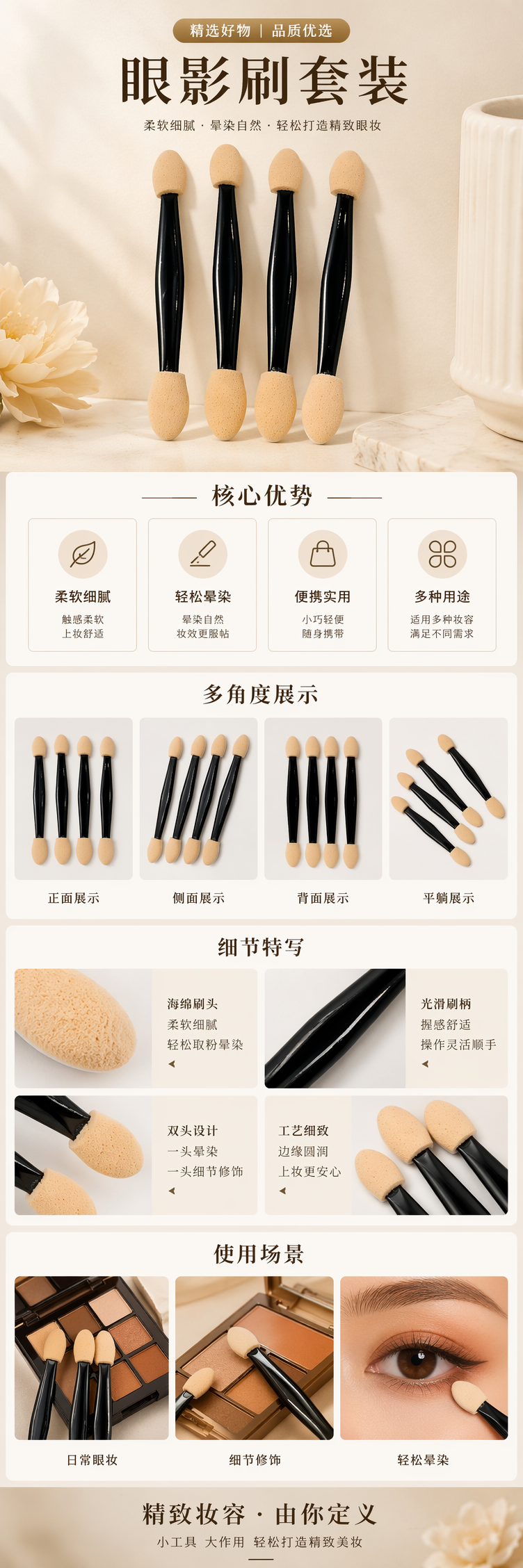 黑色手柄双头海绵眼影棒 专业彩妆工具 轻盈便携 pic 1