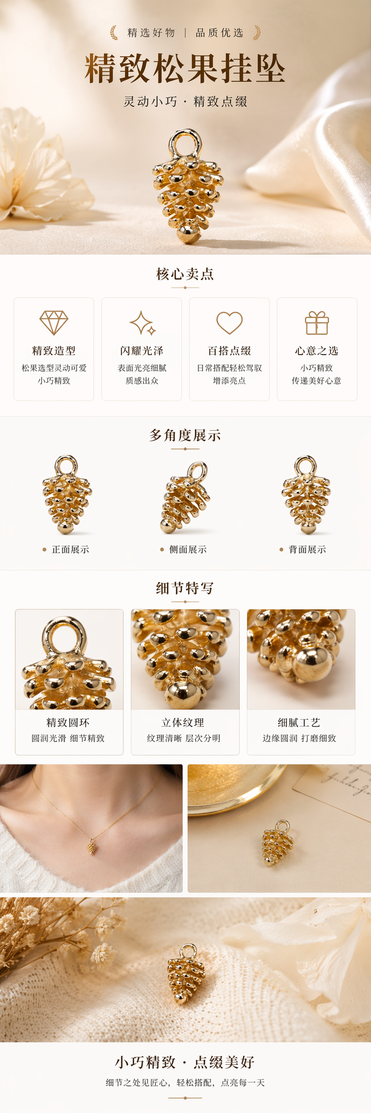 金色松果造型吊坠 时尚简约项链配饰详情1
