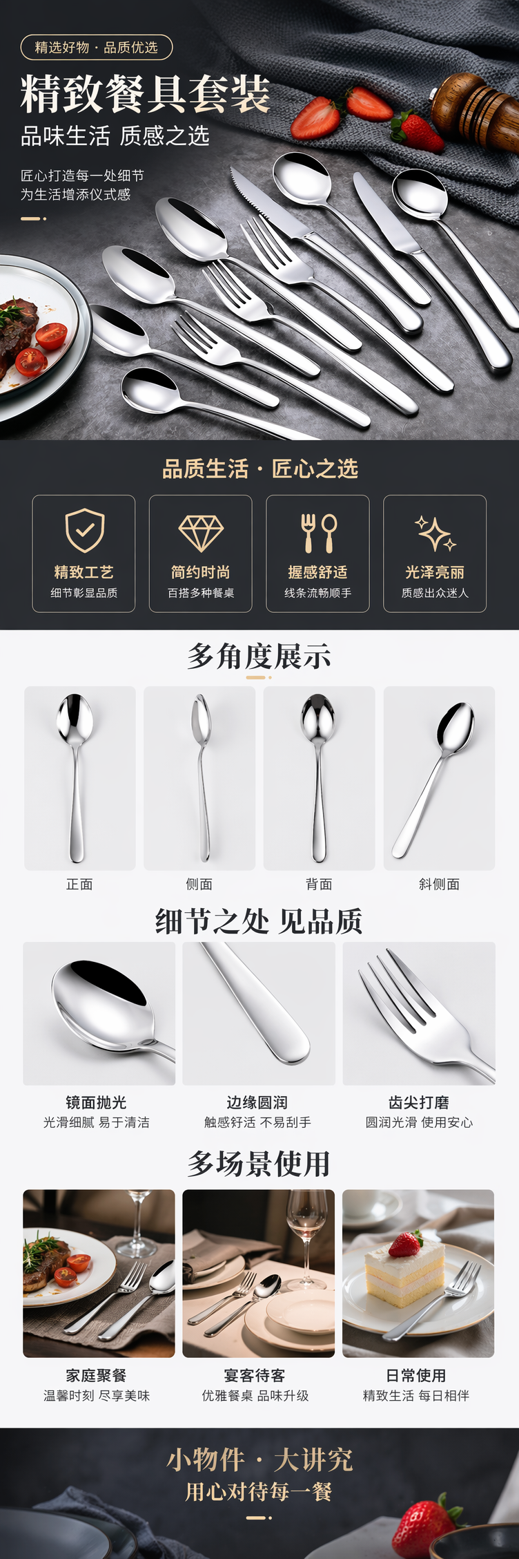 银色餐具套装 不锈钢餐勺叉刀四件套家用简约风详情1