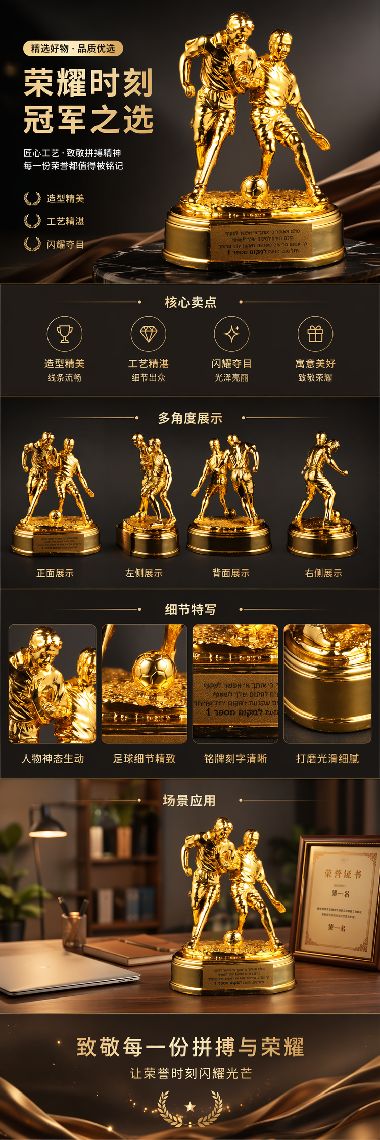 金色足球奖杯金箔奖牌塑料底座奖杯奖牌套装详情1