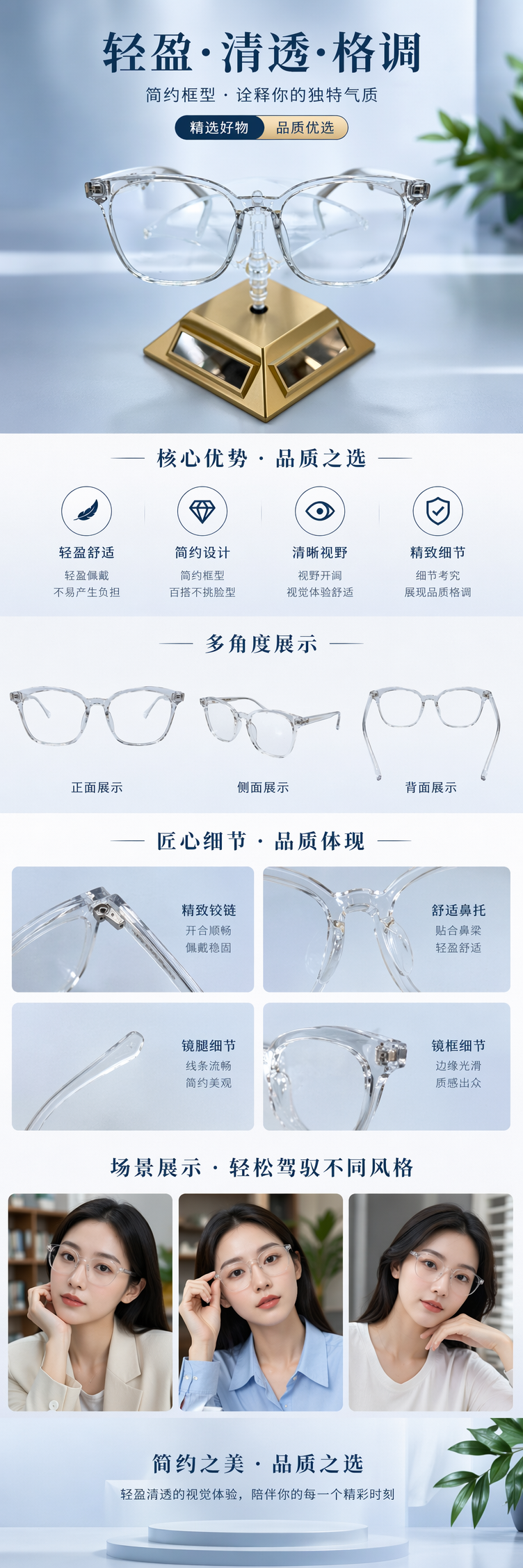 透明镜框眼镜 钛合金超轻镜架 无框设计适配多种脸型详情1