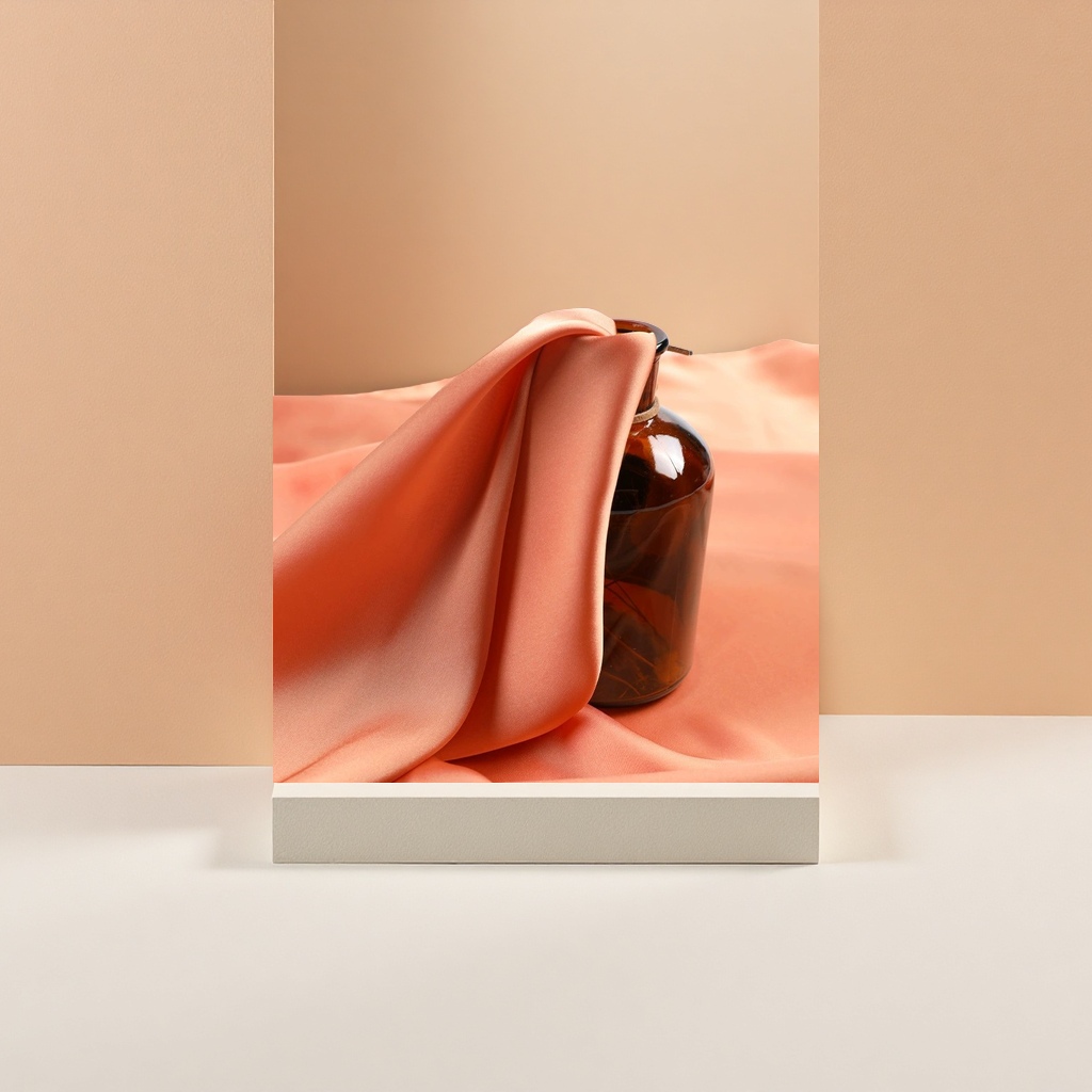 A hand-decorated set with orange silk fabric and brown glass bottles