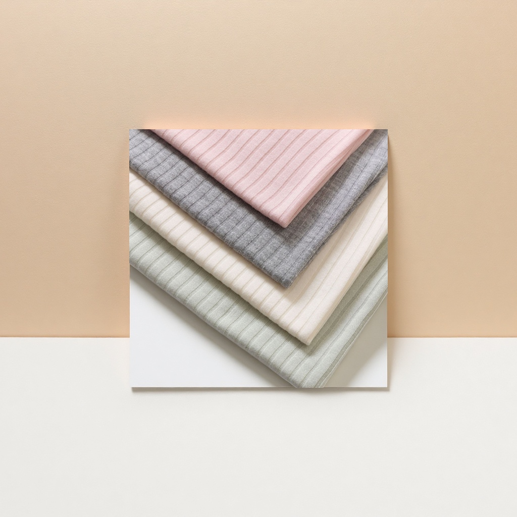 Pink, grey, beige and light green striped knitted fabric stacked style