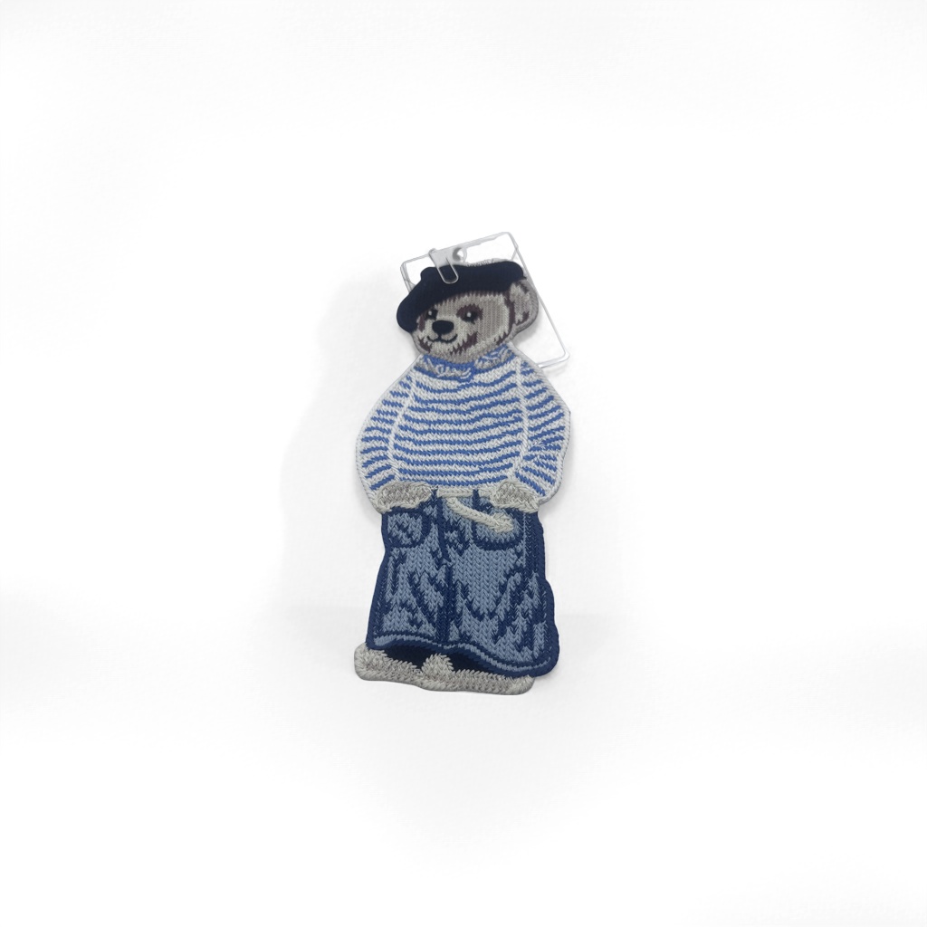 Blue and white striped sweater with bear-shaped embroidered patches and pure cotton casual top