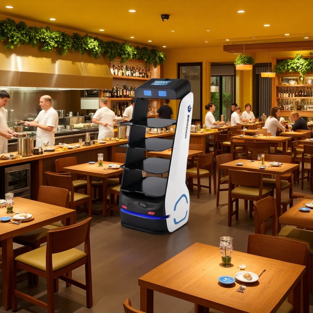 Black multi-layer food delivery robot is a commercial automatic delivery intelligent catering service equipment Application Scenario