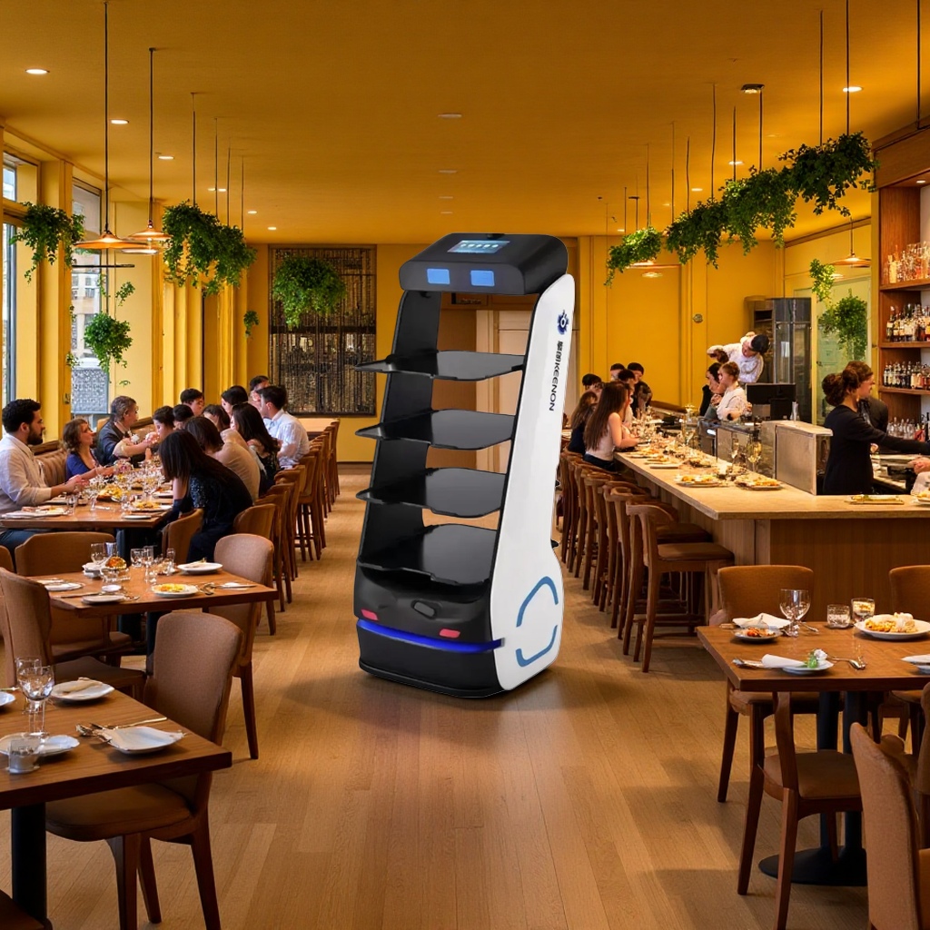 Black multi-layer food delivery robot is a commercial automatic delivery intelligent catering service equipment