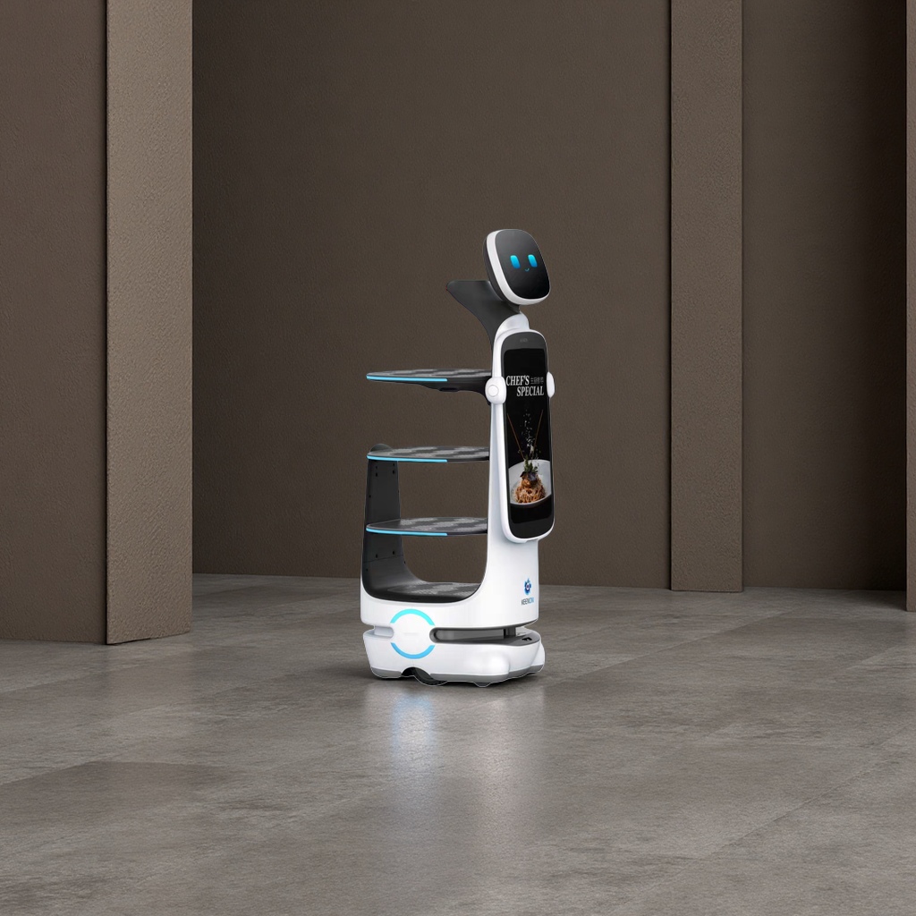 The white food delivery robot is a commercial automatic delivery intelligent catering service equipment