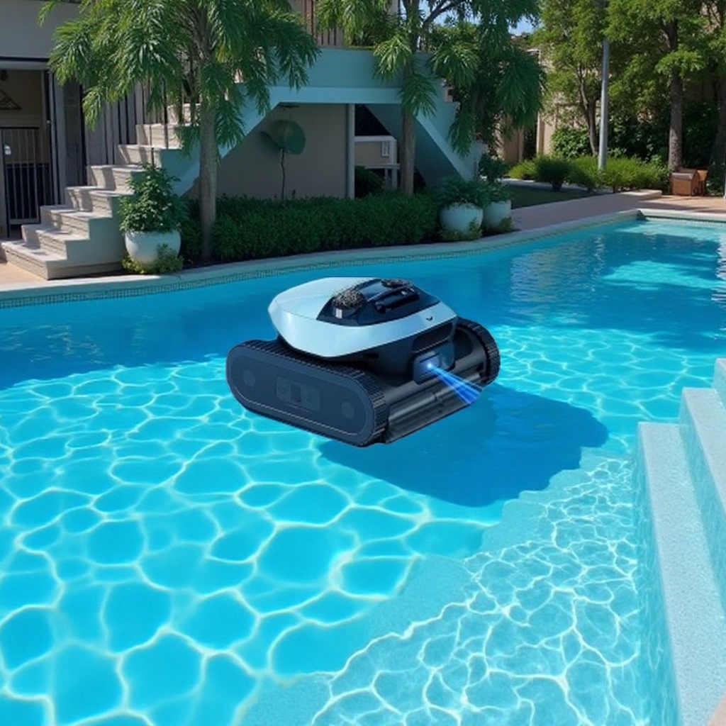 The swimming pool cleaning robot is fully automatic for suction and scrubbing, capable of climbing walls, and operates quietly and efficiently