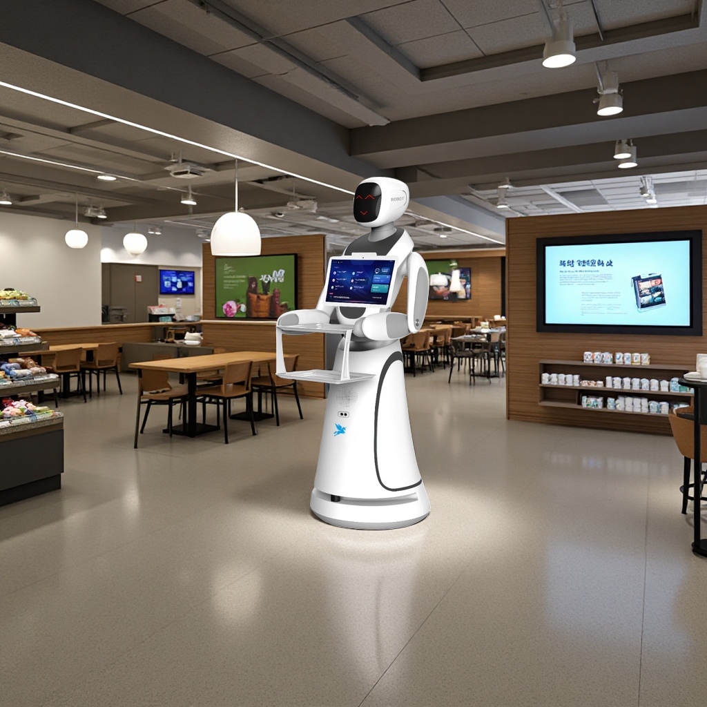 The white service robot intelligently greets guests and guides them, featuring multi-functional automatic obstacle avoidance for both home and commercial use Specification image