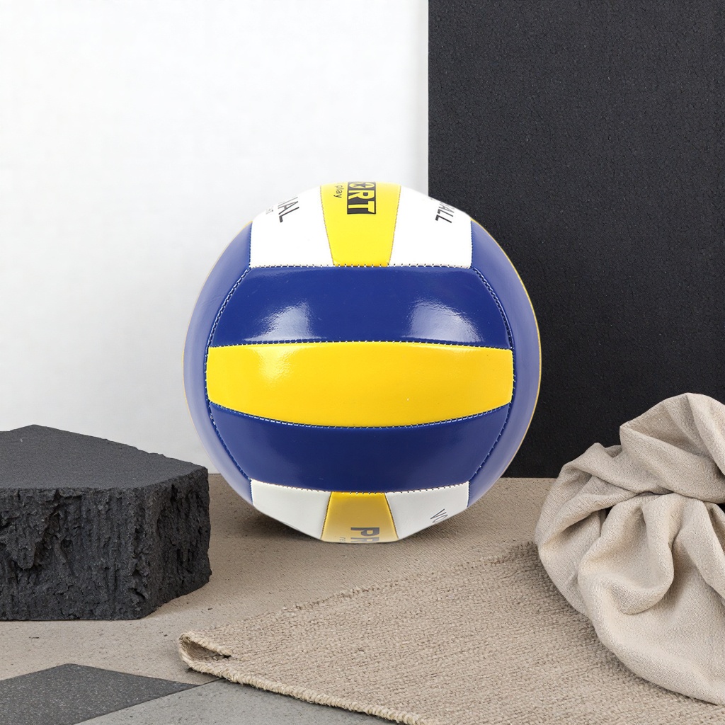 A professional volleyball training and competition ball with blue, yellow and white stripes