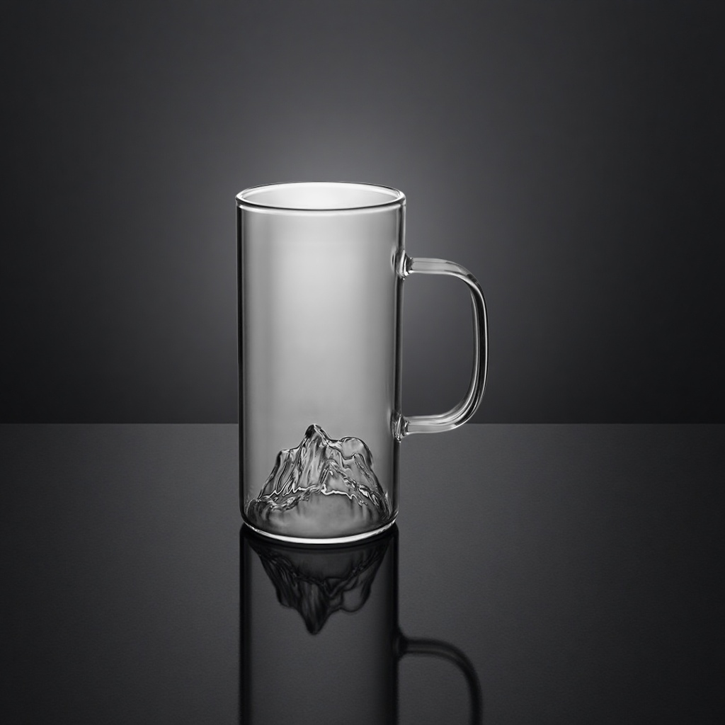 透明玻璃杯，底部有山形雕刻产品图