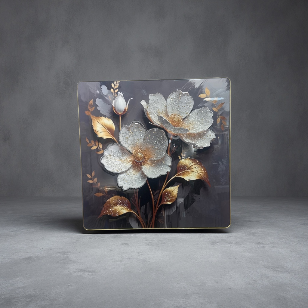 A decorative painting with golden borders, white flowers and golden leaves, and water droplets dotted on a dark grey ink-wash background Application Scenario